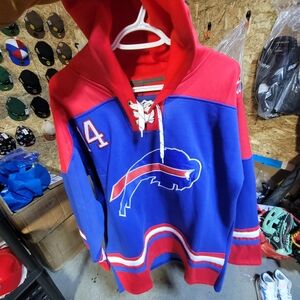 Red and Blue Hooded Sports Jersey with Buffalo Bills Logo And Digs Player On Bac